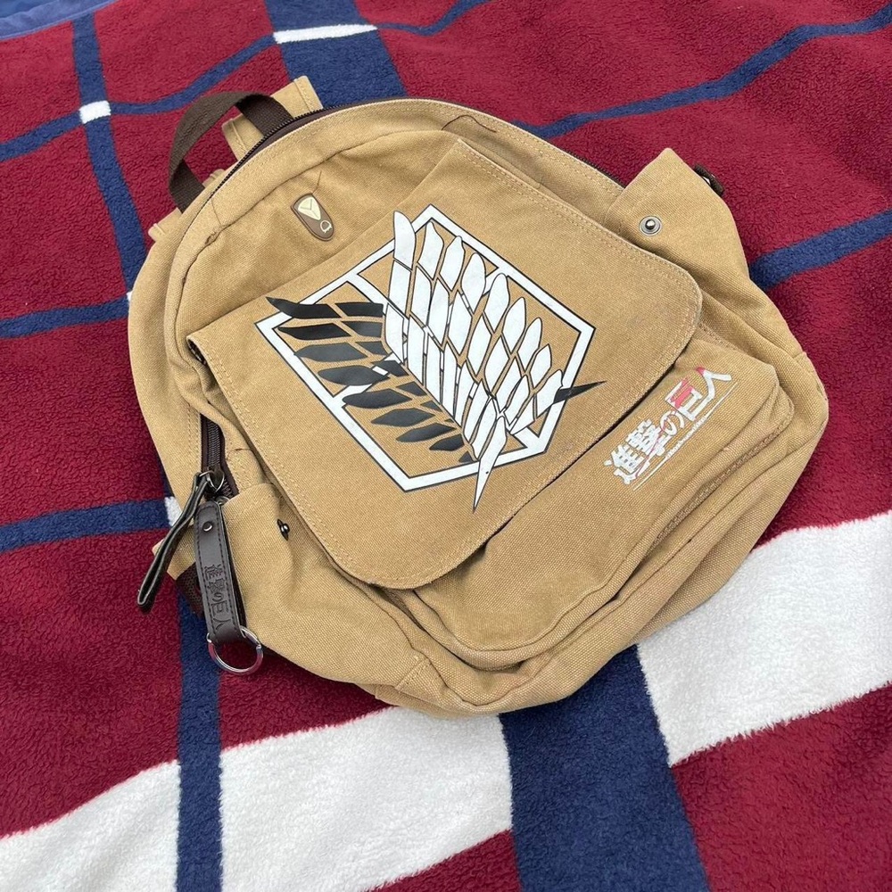 Attack on Titan Canvas Backpack Printed Headphone Hole Khaki tan bag
